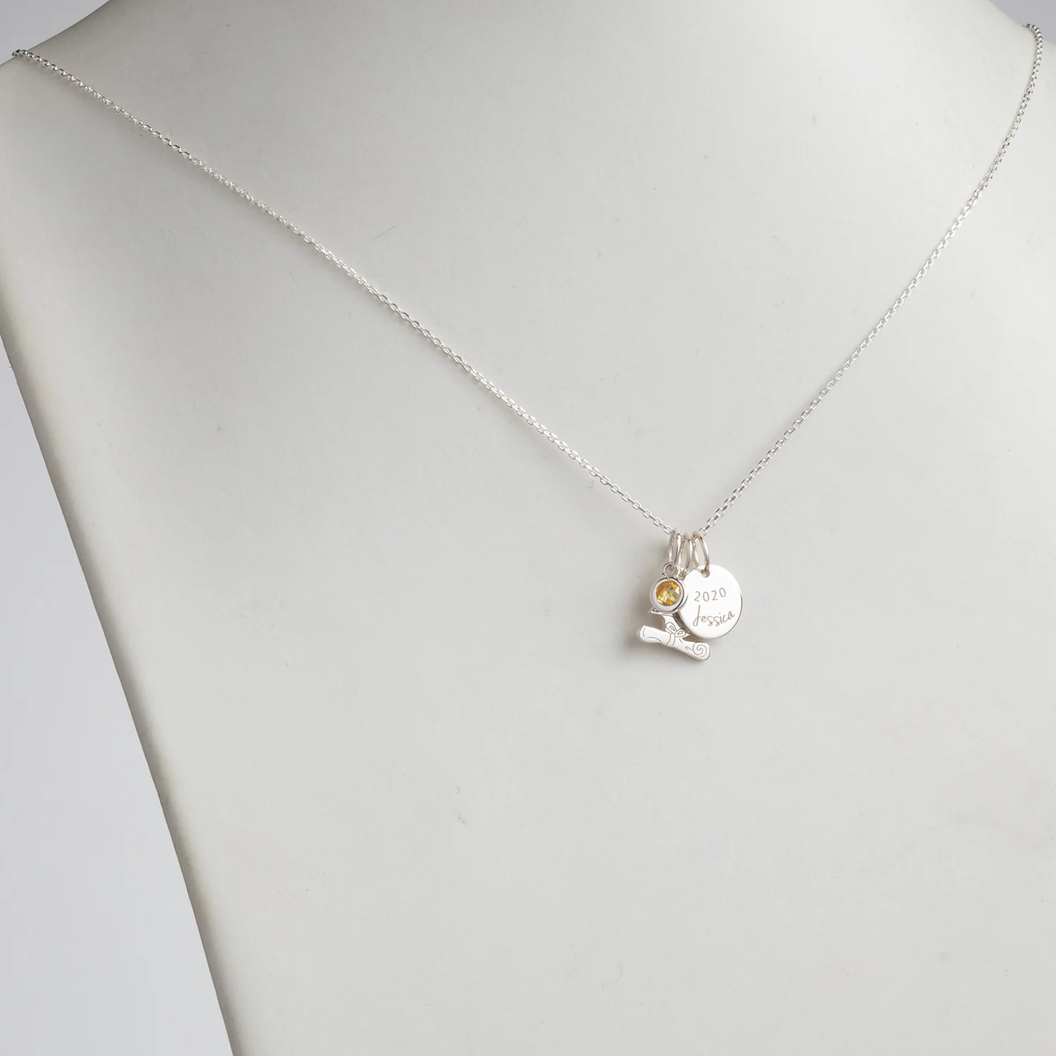 Sterling Silver Graduation Cluster Charm Necklace with Birthstone - Image 2