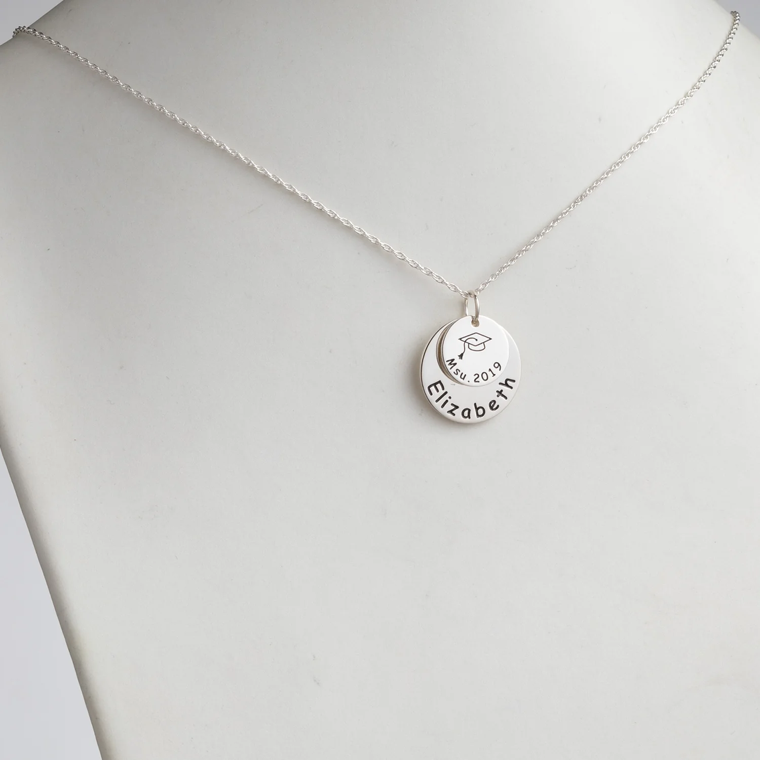 Sterling Silver Graduation Double Disc with Engraved Grad Cap Necklace - Image 3