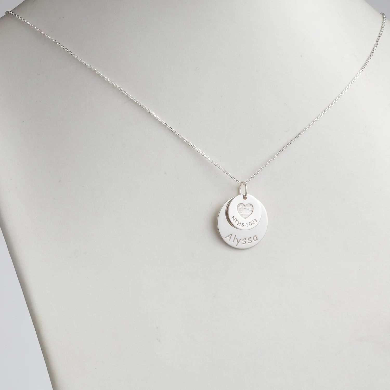 Sterling Silver Graduation Double Disc with Engraved Heart Necklace - Image 2