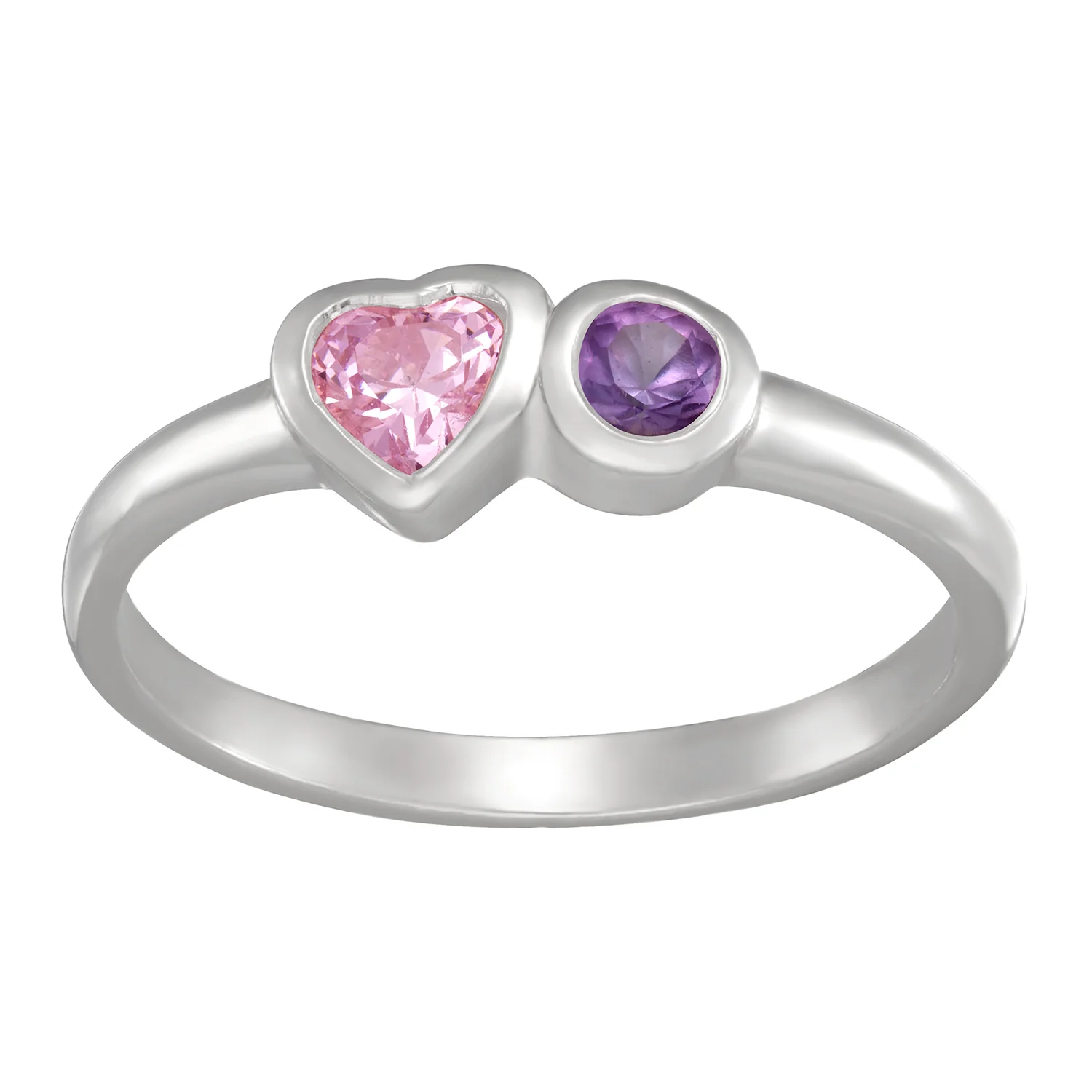 Sterling Silver Heart and Round Birthstone Ring - 2 Stones