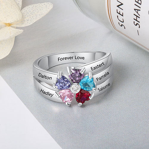 Sterling Silver Heart Birthstone Family Name Bypass Ring - Image 2