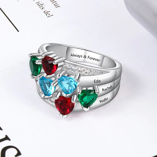 Sterling Silver Heart Birthstone Famly Name with CZ Accent Ring - Image 3
