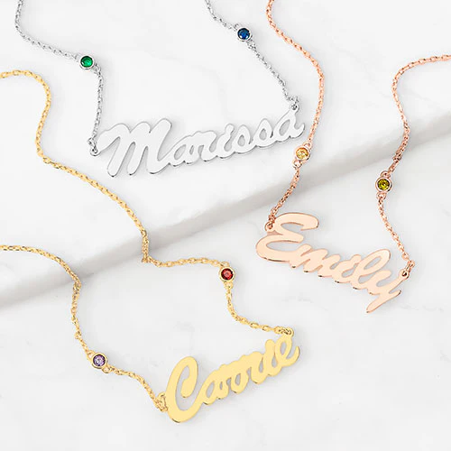 Sterling Silver Hollywood Script Name and Birthstone Necklace