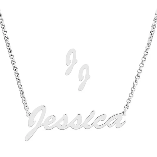 Sterling Silver Hollywood Script Name Necklace and Initial Earring Set - Image 2