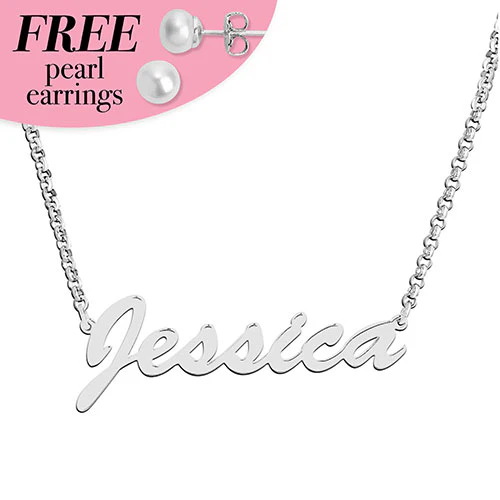 Sterling Silver Hollywood Script Name with Free Freshwater Pearl Earrings