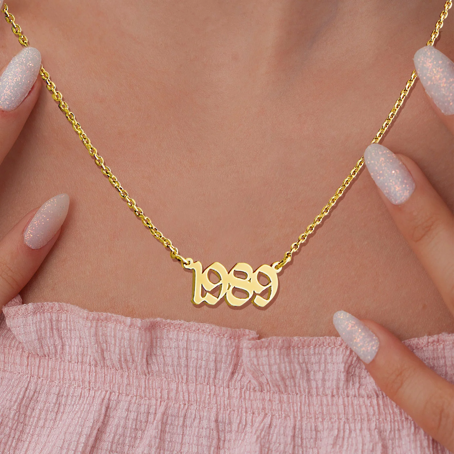Sterling Silver Horizontal Year Plaque Necklace -Old English - Image 3