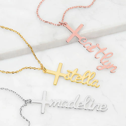 Sterling Silver Kid's Lowercase Script Name Cross Plaque 16 Necklace