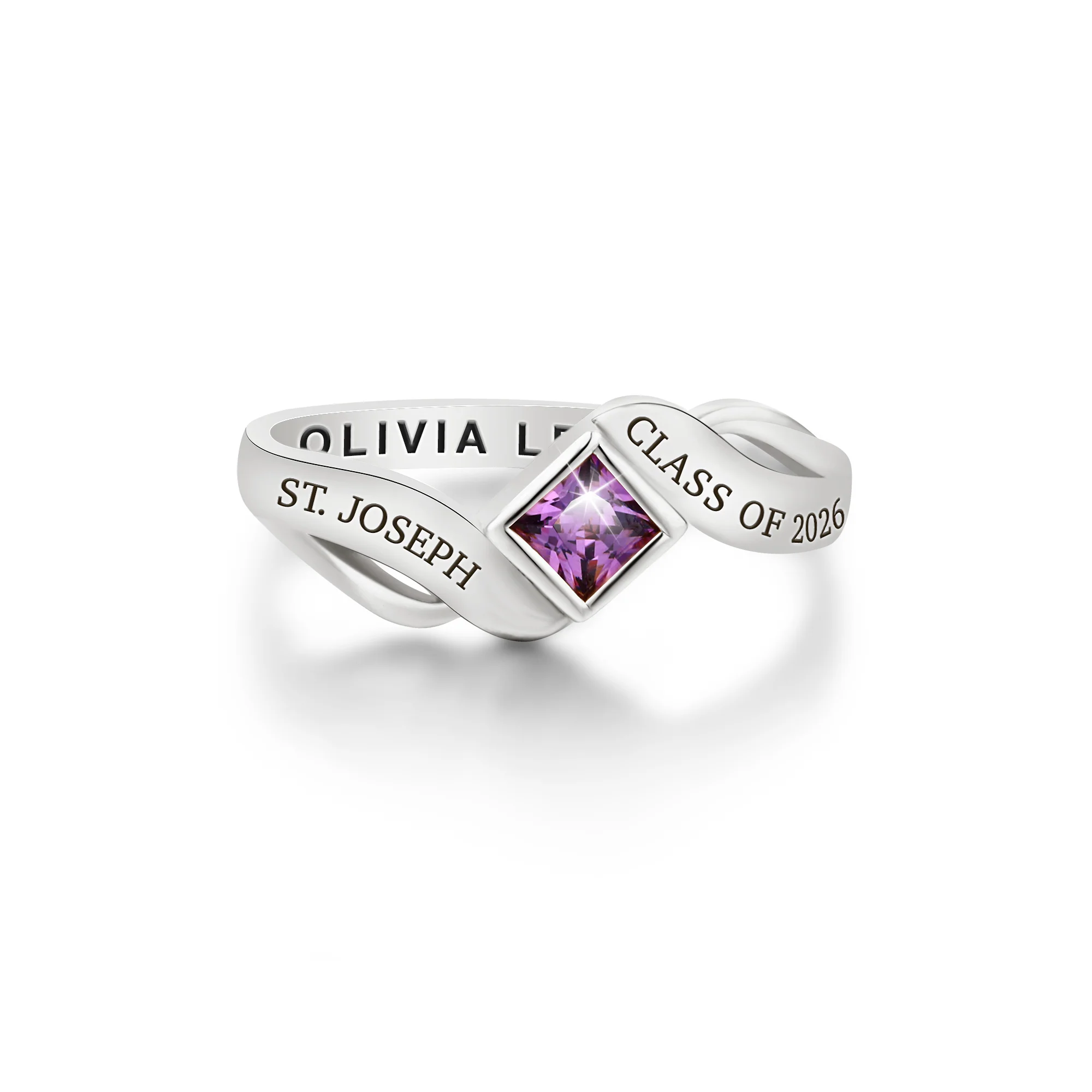 Sterling Silver Women's Bypass Princess Cut Birthstone Fashion Class Ring - Image 2