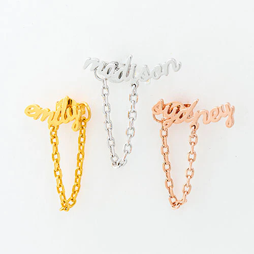 Sterling Silver Lowercase Script Name Crawler Button with Chain Loop Earring