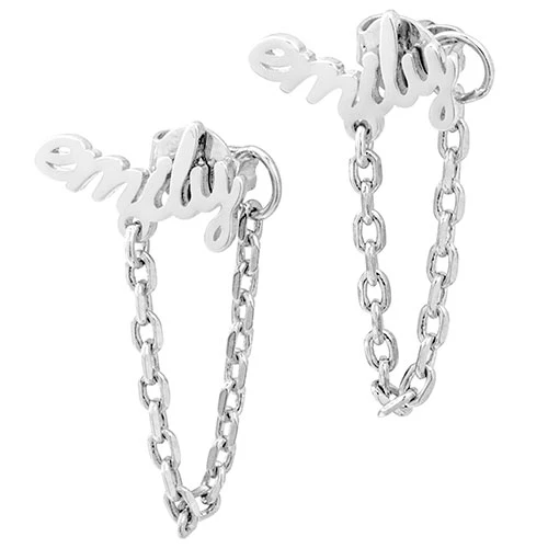 Sterling Silver Lowercase Script Name Crawler Button with Chain Loop Earring - Image 2