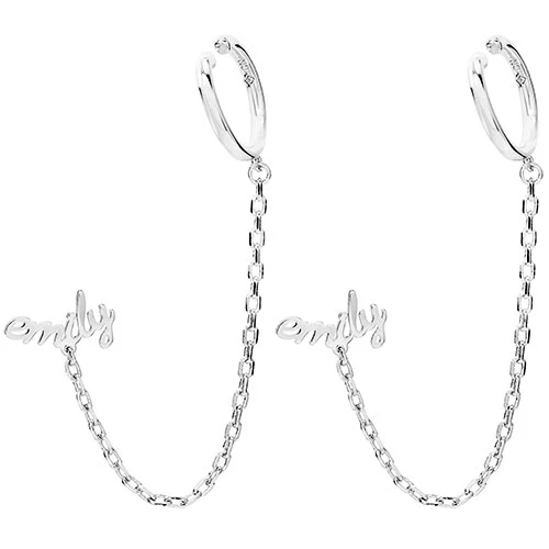Sterling Silver Lowercase Script Name Crawler Button with Ear Cuff and Chain Earring - Image 3