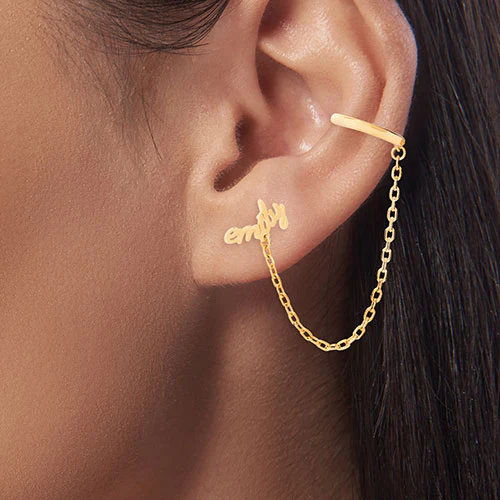 Sterling Silver Lowercase Script Name Crawler Button with Ear Cuff and Chain Earring - Image 4