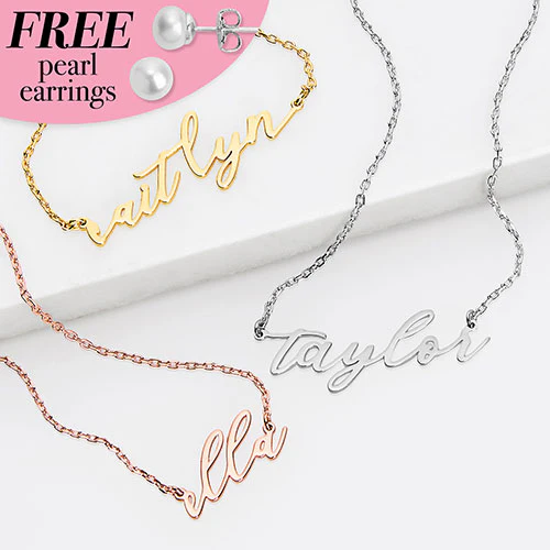 Sterling Silver Lowercase Script Name Plaque with Free Fresh Water Pearl Earrings - Image 6