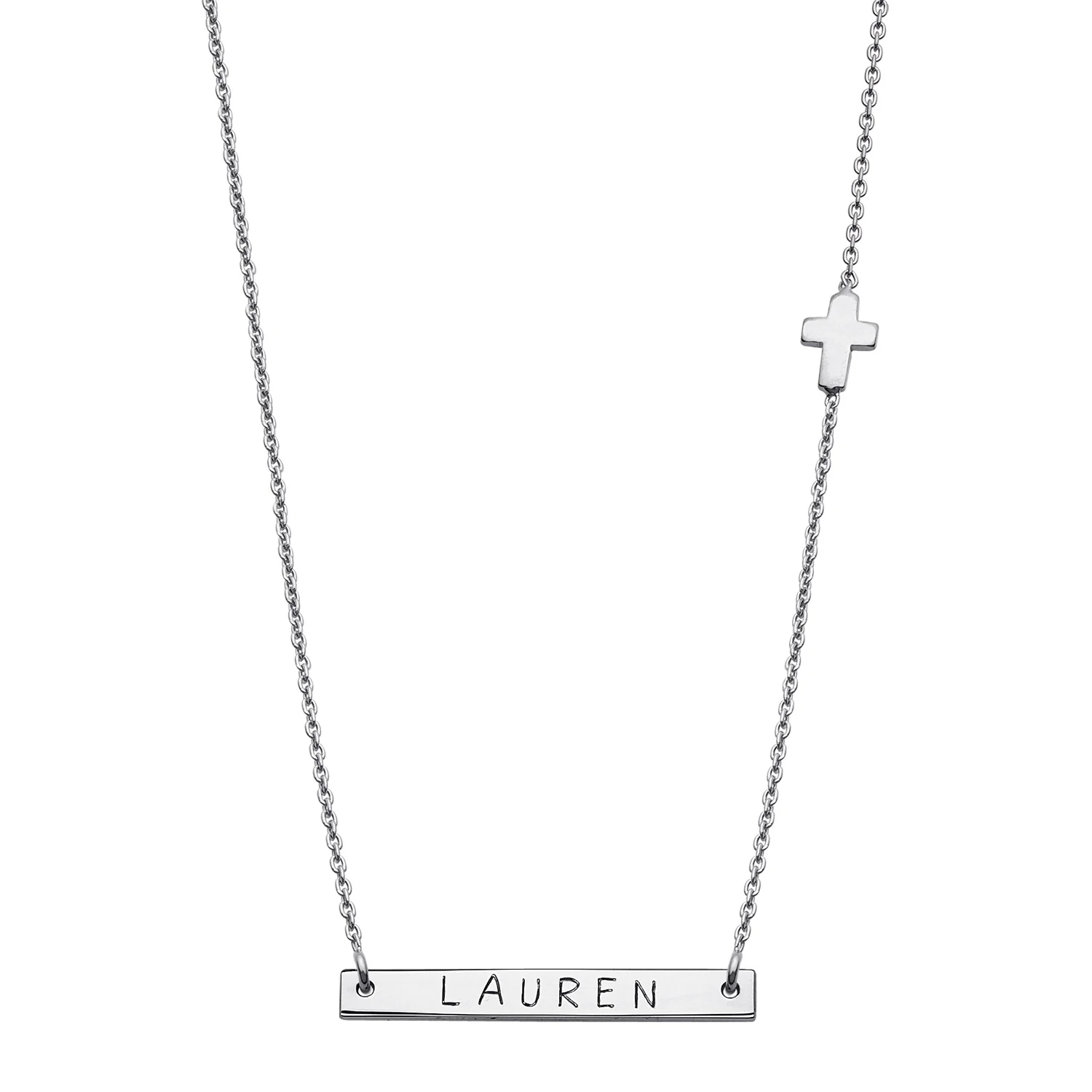 Sterling Silver Mini Bar Name with Cross Necklace