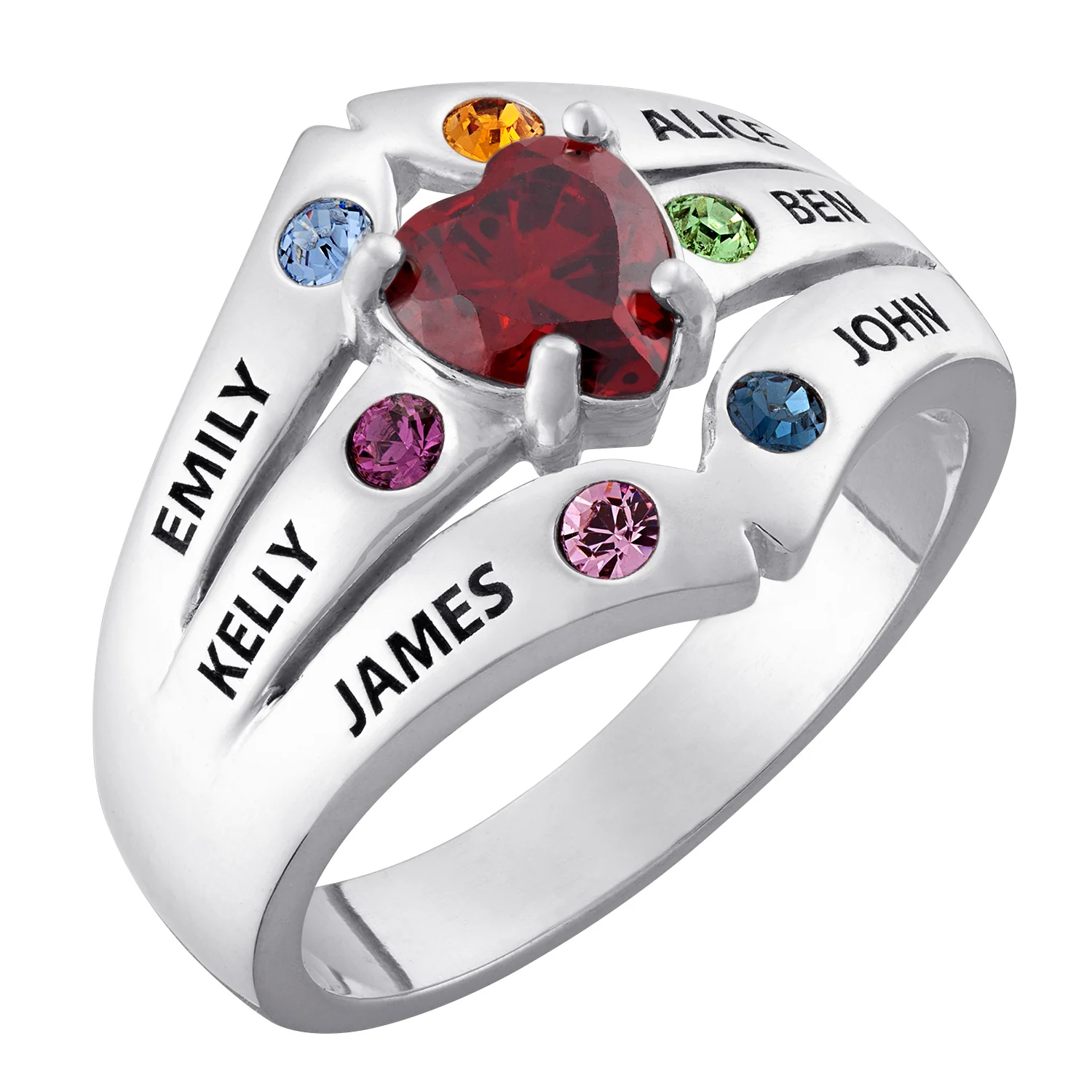 Sterling Silver Mother's Heart Birthstone Family Name Ring - Image 2