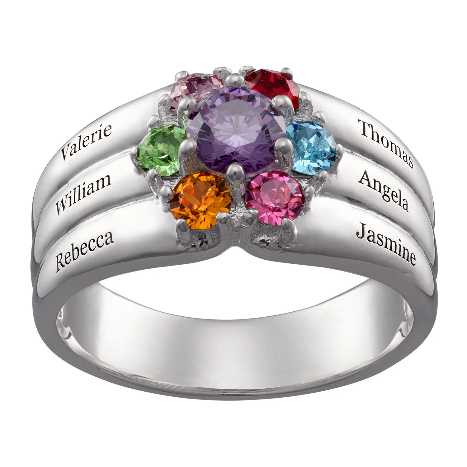 Sterling Silver Mother's Round Birthstone Family Name Ring