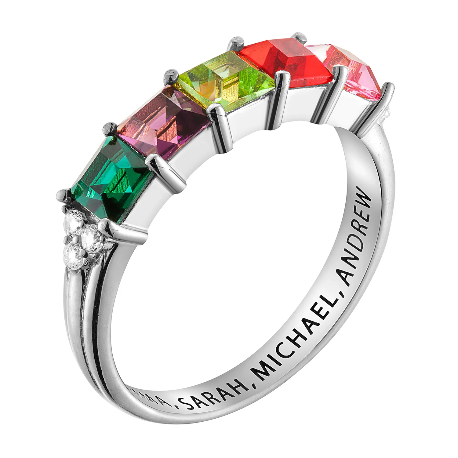 Sterling Silver Mother's Square Birthstone Ring with CZ Accents - Image 3
