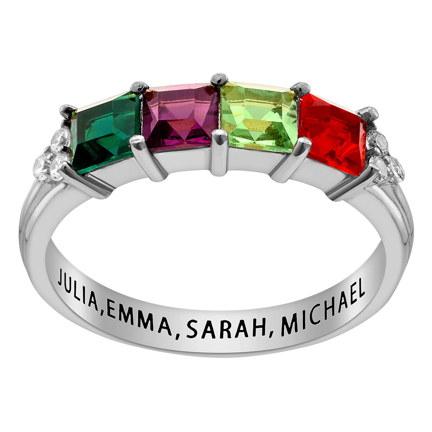 Sterling Silver Mother's Square Birthstone Ring with CZ Accents - Image 6