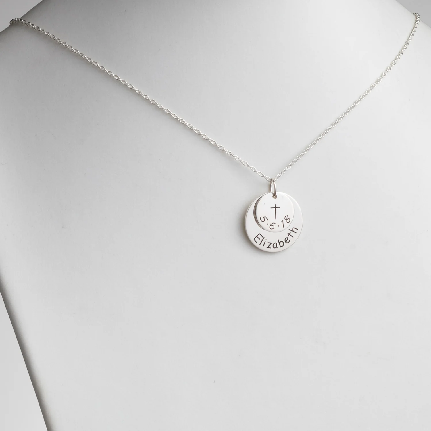 Sterling Silver Name and Date Discs with Cross Necklace - Image 2