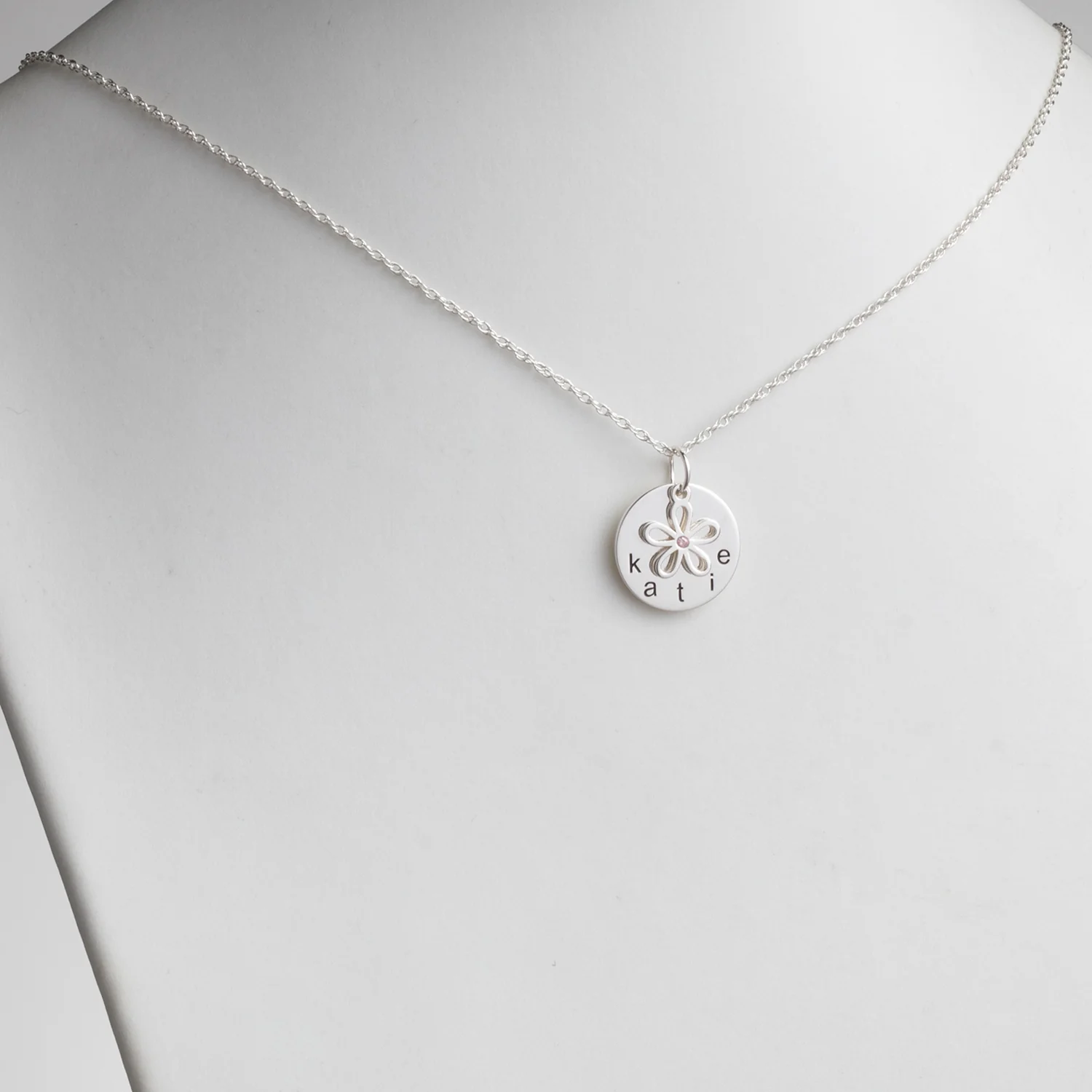 Sterling Silver Name Disc with Birthstone Flower Charm Necklace - Image 2