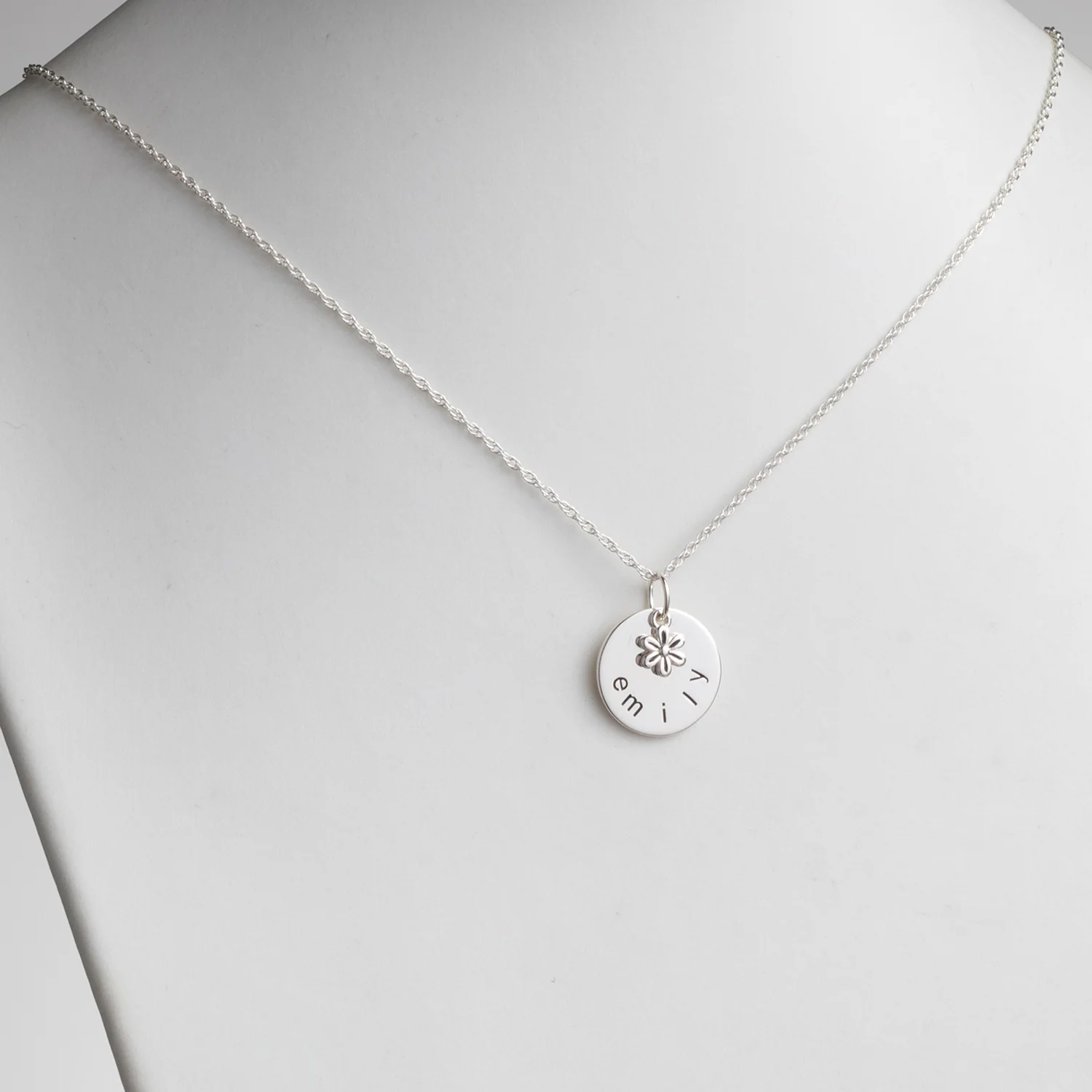 Sterling Silver Name Disc with Flower Charm Necklace - Image 2