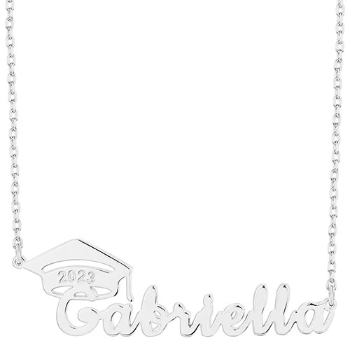 Sterling Silver Name Plaque with Graduation Cap Pendant - Image 2