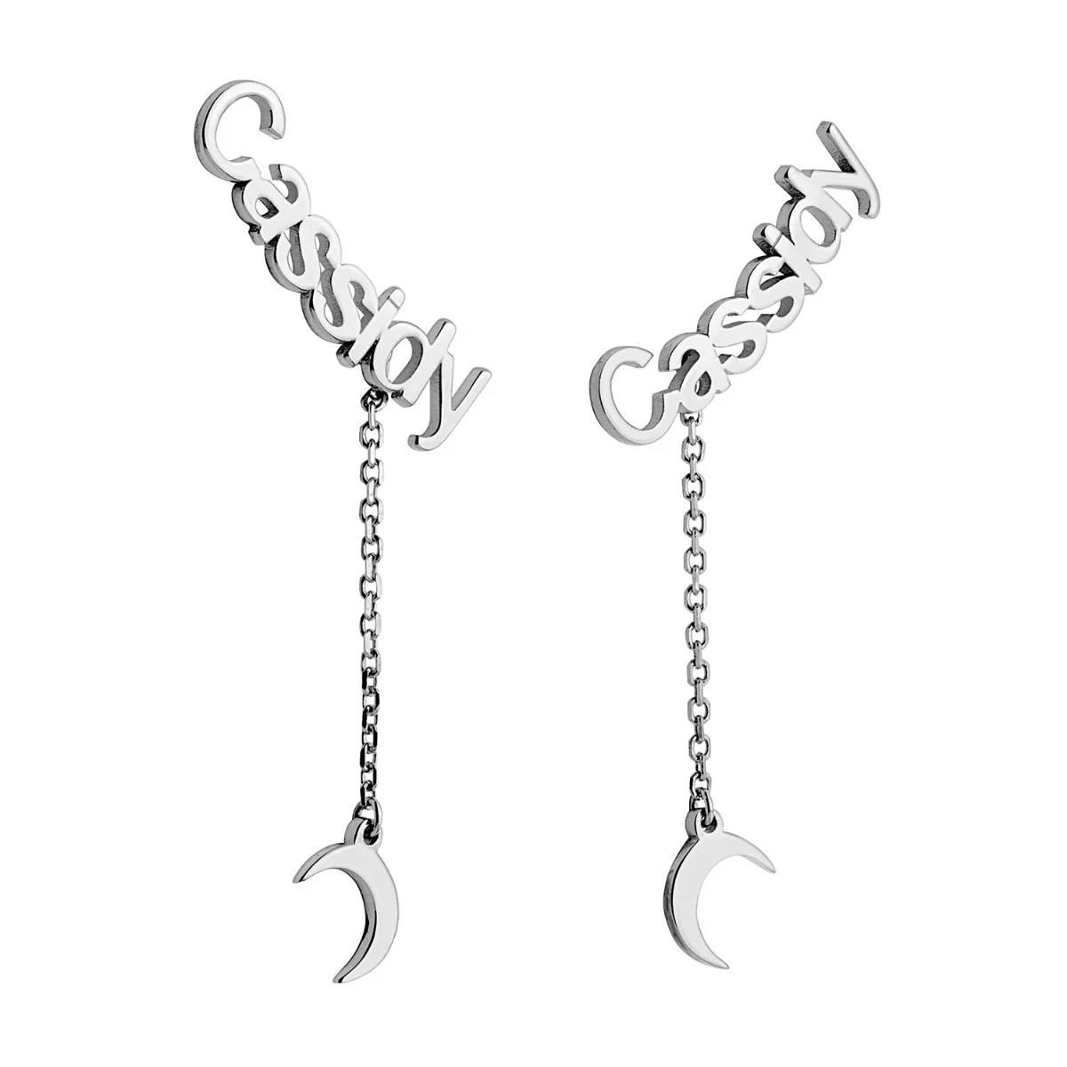 Sterling Silver Name with Moon Charm Dangle Crawler Earrings - Image 3