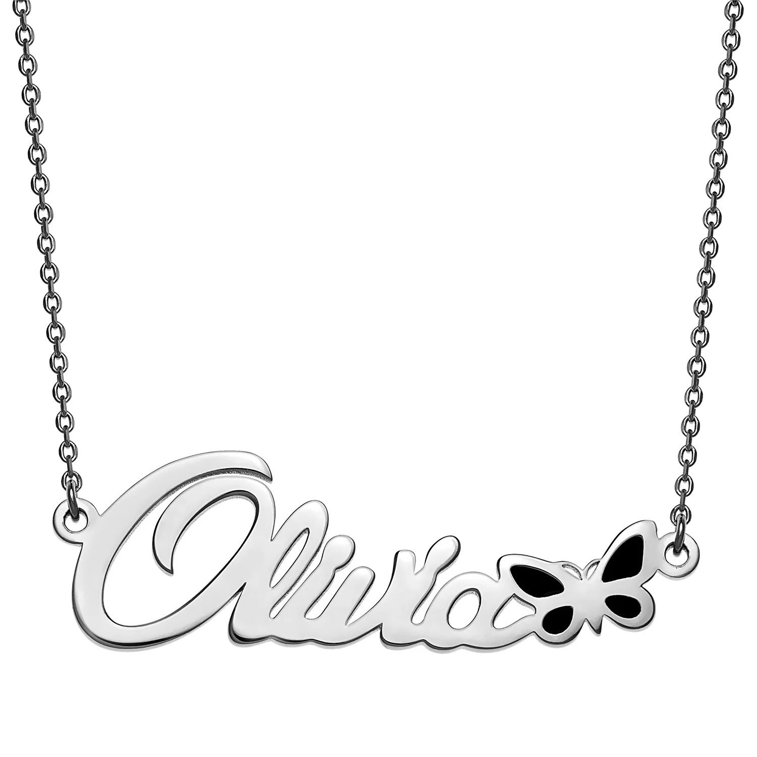 Sterling Silver Name with Purple Enamel Butterfly Necklace