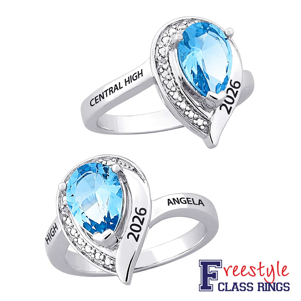 Sterling Silver Pear Birthstone & Diamond Class Ring