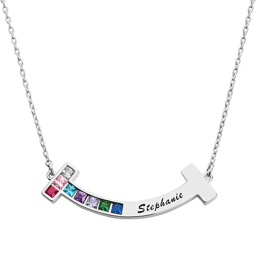 Sterling Silver Personalized Birthstone and Engraved Curved Bar Necklace - Image 2