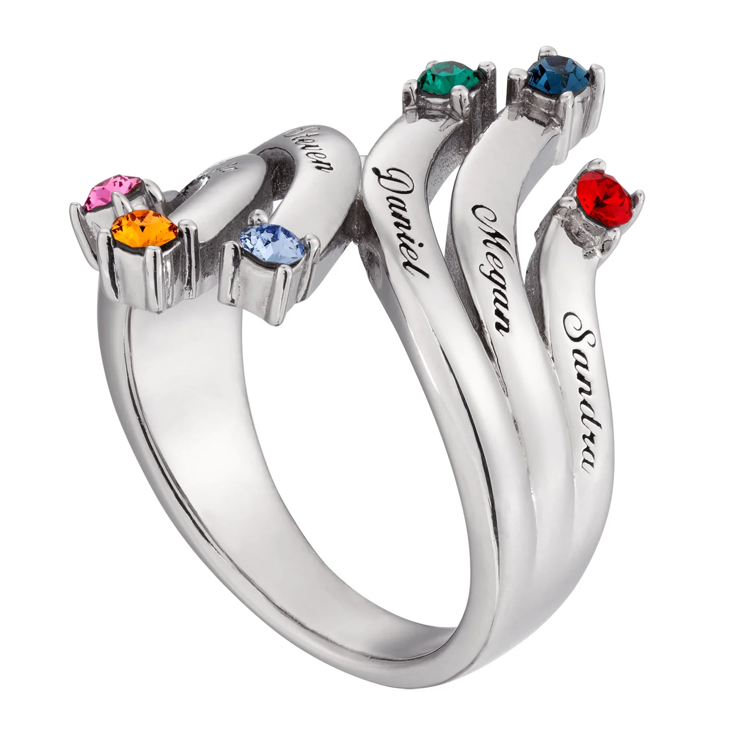 Sterling Silver Personalized Cascading Name & Birthstone Ring - Image 3