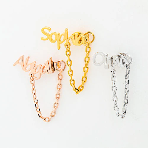Sterling Silver Personalized Name Crawler Button with Chain Loop Earring