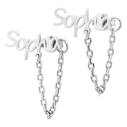 Sterling Silver Personalized Name Crawler Button with Chain Loop Earring - Image 2