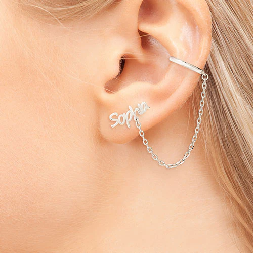 Sterling Silver Personalized Name Crawler Button with Ear Cuff and Chain Earring - Image 2
