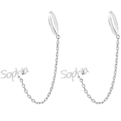 Sterling Silver Personalized Name Crawler Button with Ear Cuff and Chain Earring - Image 3