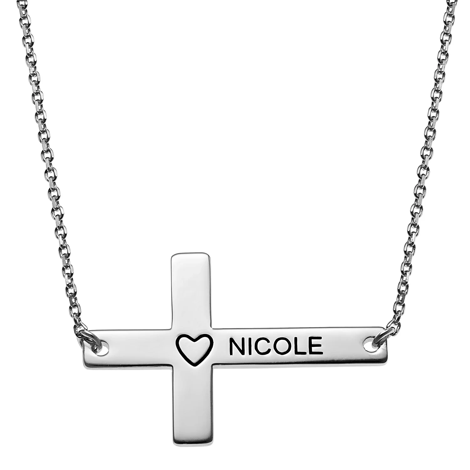 Sterling Silver Personalized Name Sideways Cross with Heart Necklace