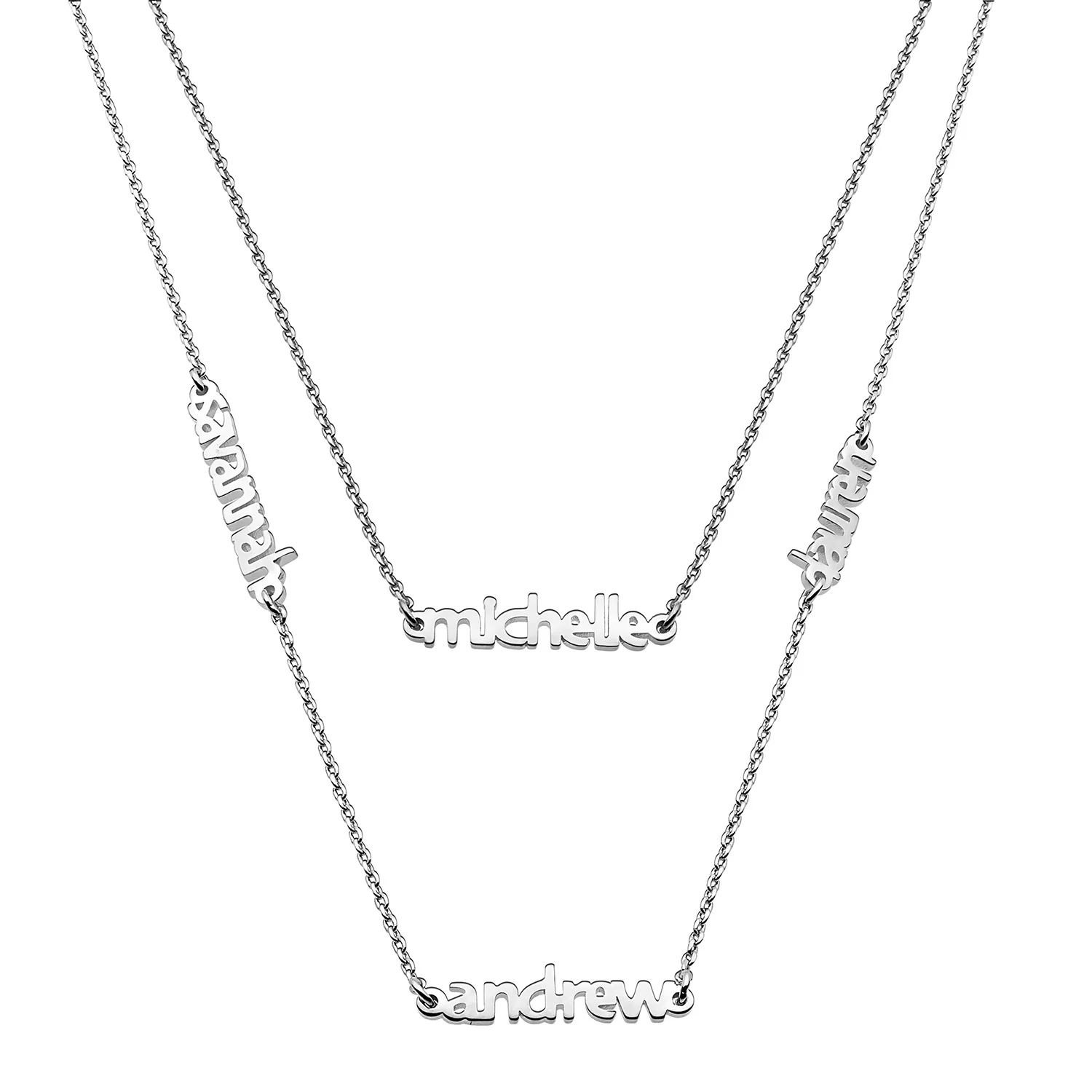 Sterling Silver Petite Block Family Name Layered Necklace- 4 Names