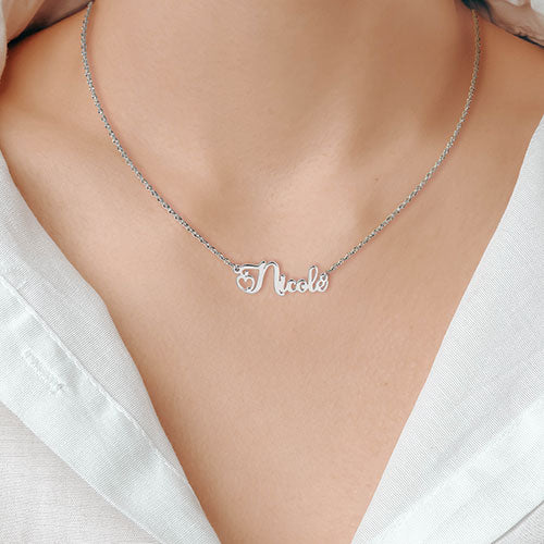 Sterling Silver Petite Heart Cursive Name Plaque Necklace - Image 2
