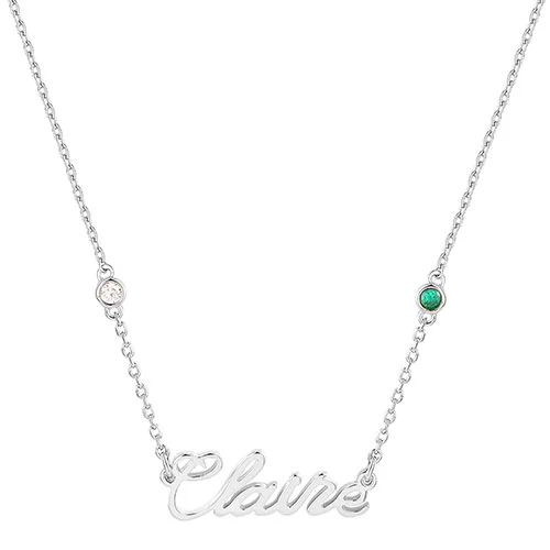 Sterling Silver Petite Script Name and Birthstone Necklace