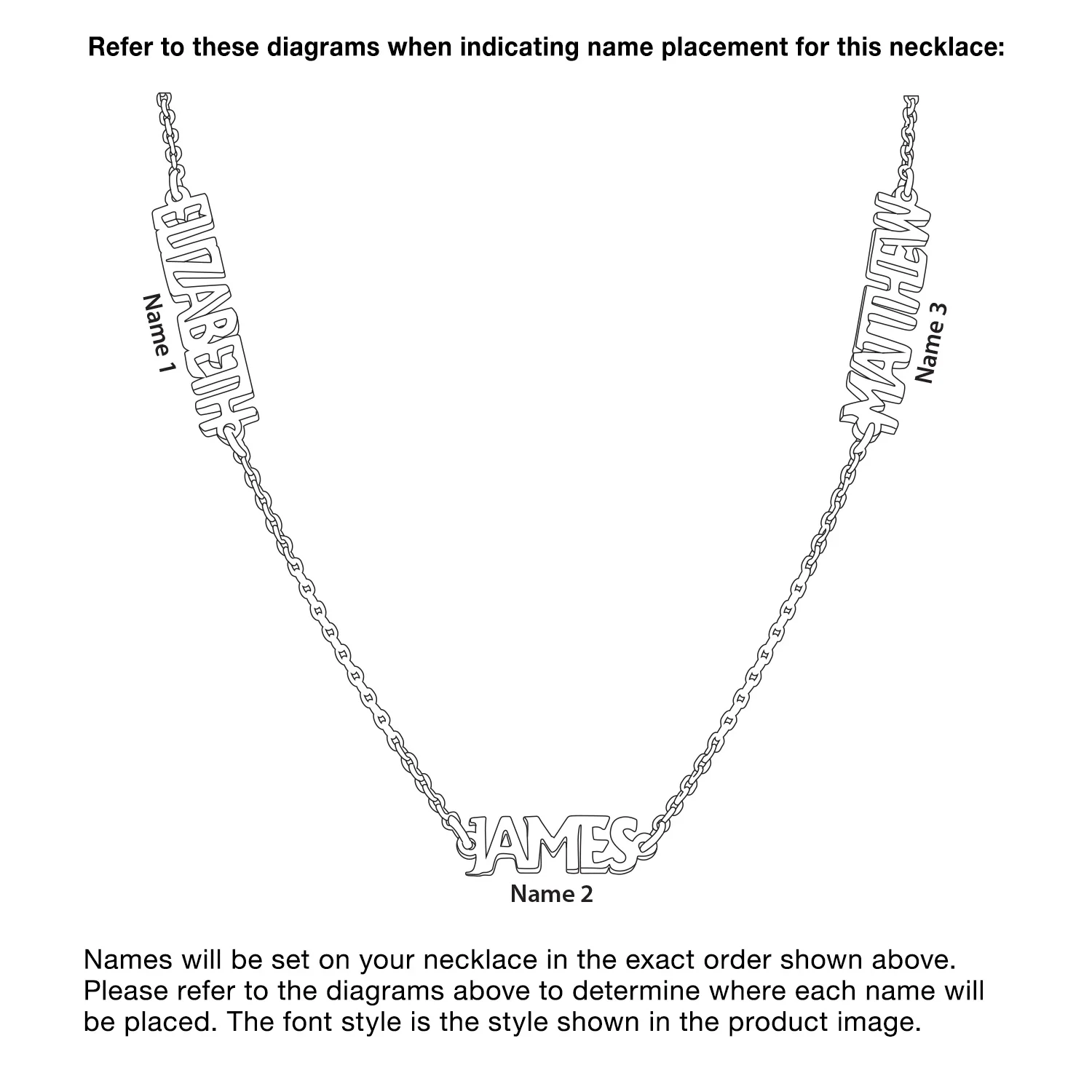 Sterling Silver Petite Uppercase 3 Name Station Necklace - Image 3