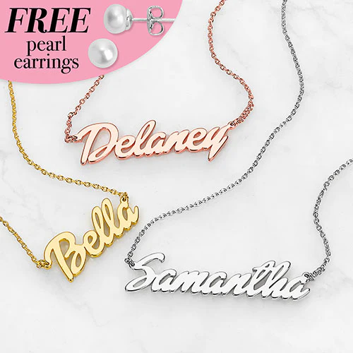 Sterling Silver Retro Bold Script Name with Free Freshwater Pearl Earrings - Image 7