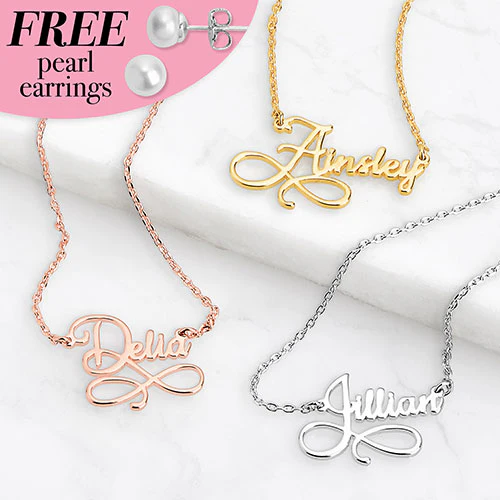 Sterling Silver Script Infinity Name with Free Freshwater Pearl Earrings - Image 7