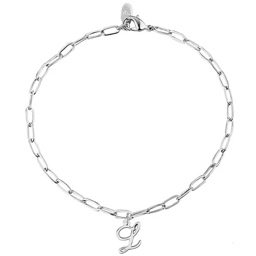 Sterling Silver Script Initial Charm Paperclip Chain Bracelet - Image 2