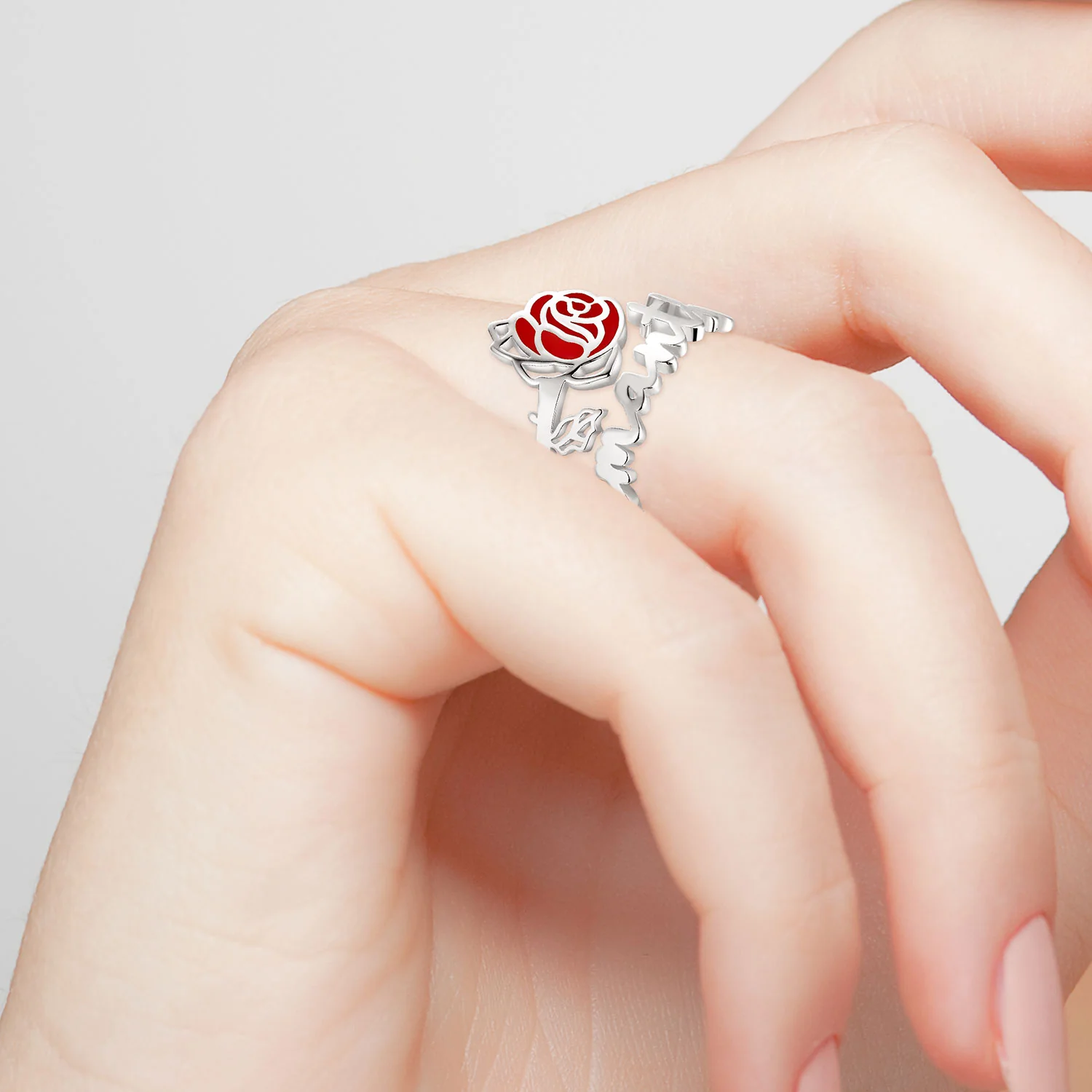 Sterling Silver Script Name and Birthmonth Enamel Flower Bypass Ring - Image 2