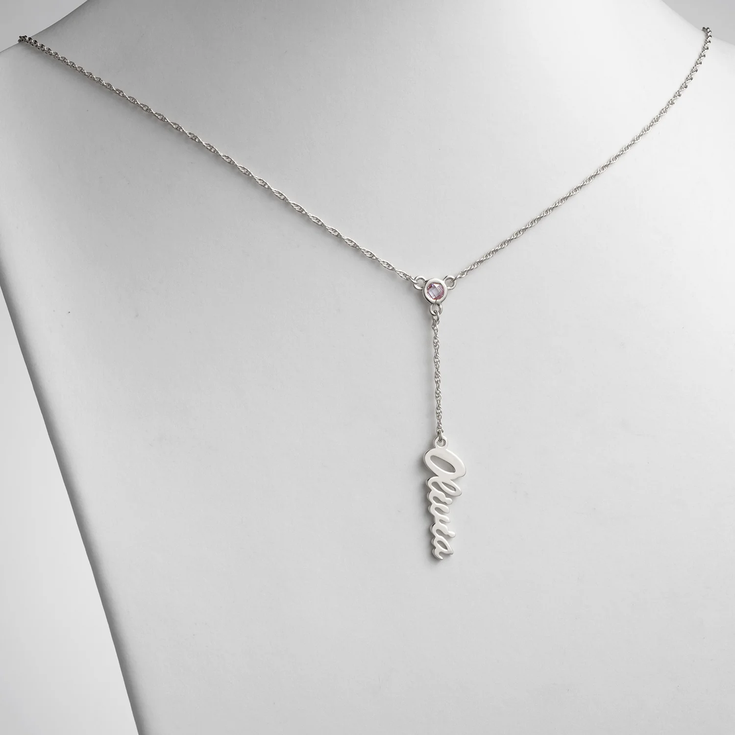 Sterling Silver Script Name and Birthstone Y-Necklace - Image 2