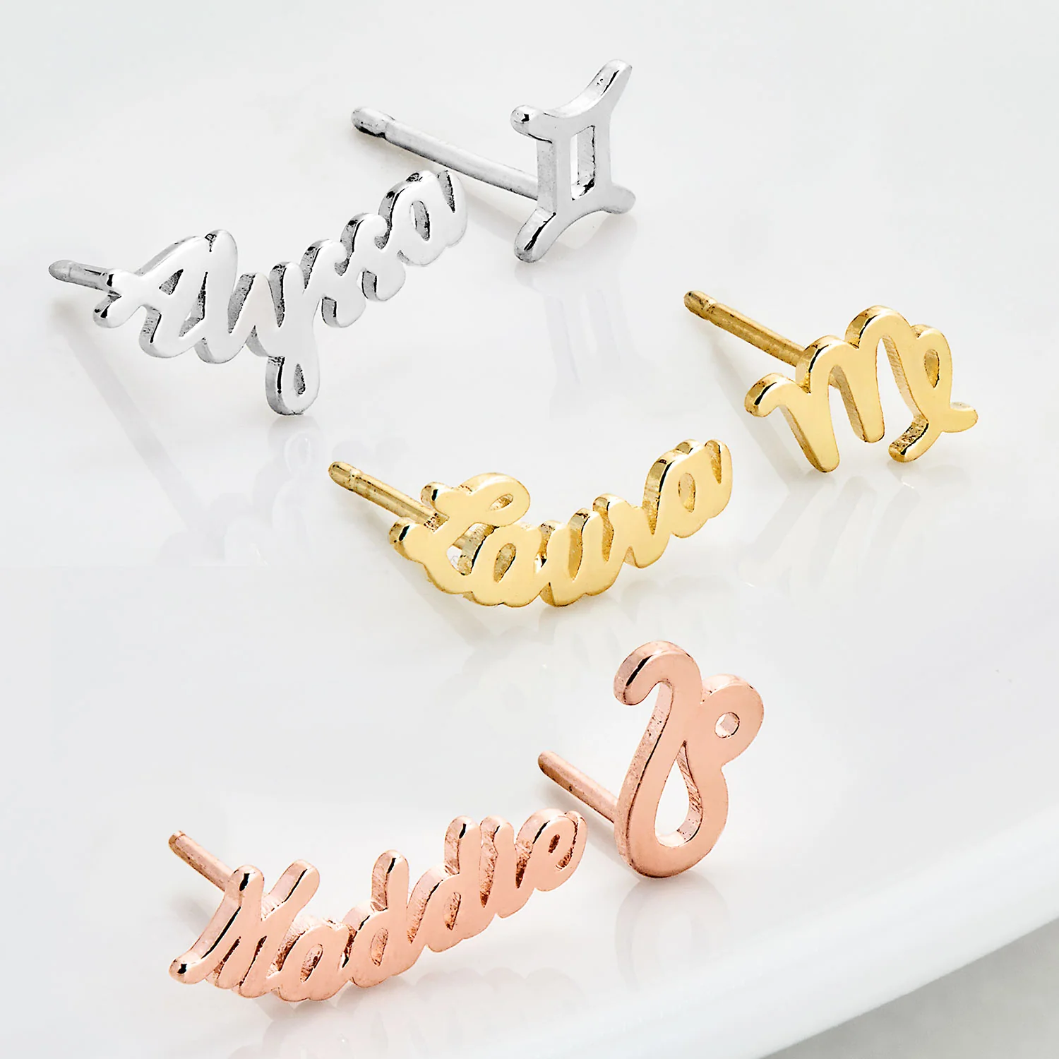 Sterling Silver Script Name and Zodiac Sign Mixed Pair Earrings