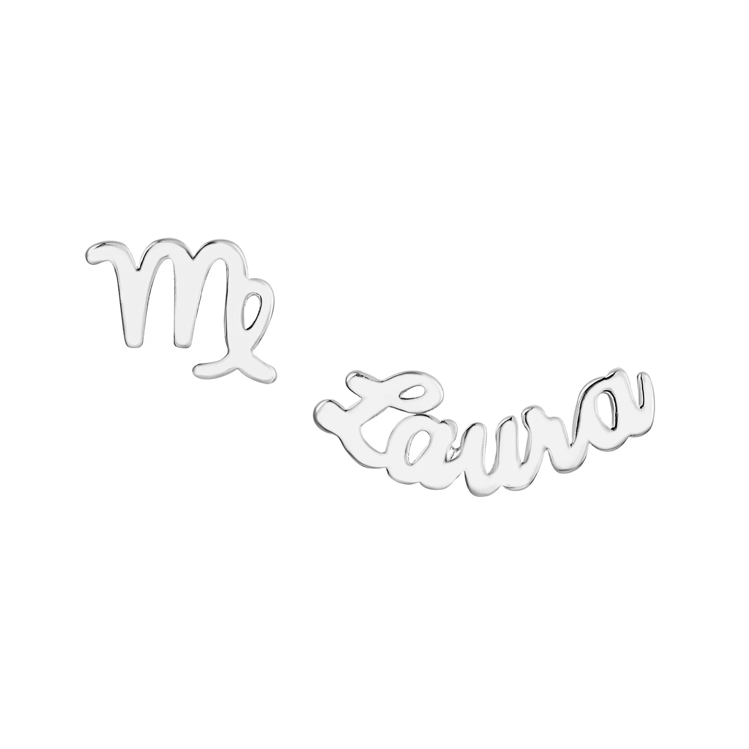 Sterling Silver Script Name and Zodiac Sign Mixed Pair Earrings - Image 2