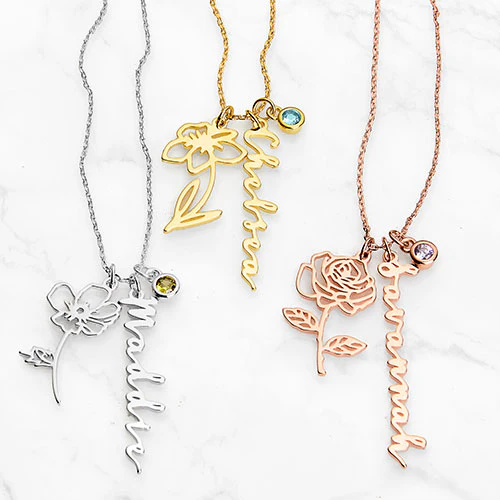 Sterling Silver Script Name, Birth Month Flower and BS Cluster Necklace