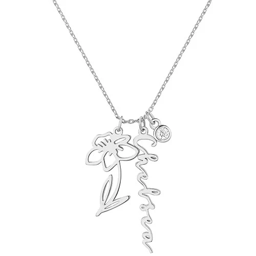 Sterling Silver Script Name, Birth Month Flower and BS Cluster Necklace - Image 2