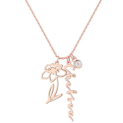 Sterling Silver Script Name, Birth Month Flower and BS Cluster Necklace - Image 4